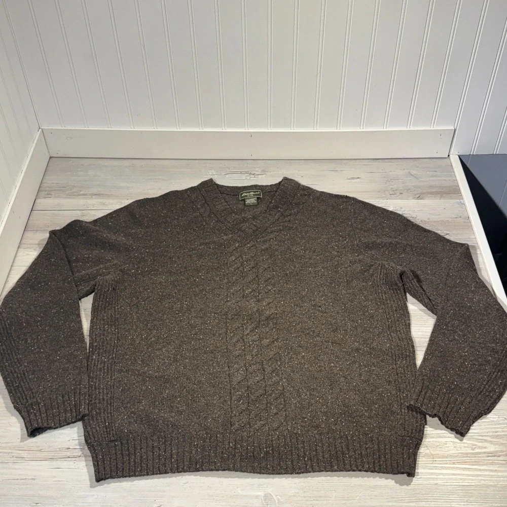 Eddie Bauer Sweater Mens L Brown Lambswool Camel Knit Preppy Cable Pullover‎